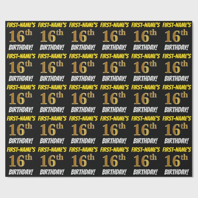 Papel De Regalo Negro, Faux/Imitation Gold, "16th BIRTHDAY" (Superficie plana)