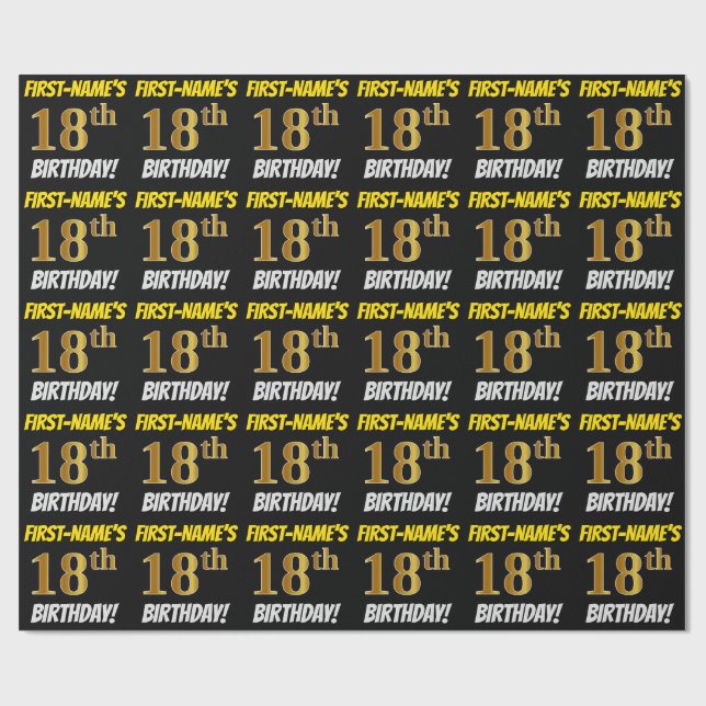 Papel De Regalo Negro, Faux/Imitation Gold, "18th BIRTHDAY" (Superficie plana)