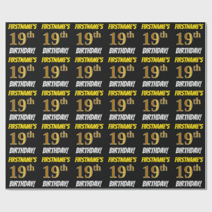 Papel De Regalo Negro, Faux/Imitation Gold, "19th BIRTHDAY"