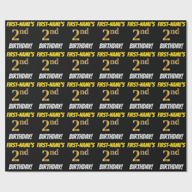 Papel De Regalo Negro, Faux/Imitation Gold, "2º CUMPLEAÑOS" (Superficie plana)