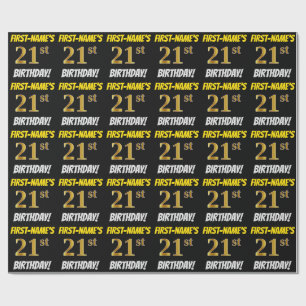 Papel De Regalo Negro, Faux/Imitation Gold, "21st BIRTHDAY"