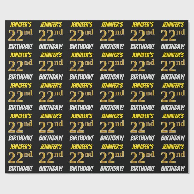 Papel De Regalo Negro, Faux/Imitation Gold, "22nd BIRTHDAY" (Superficie plana)