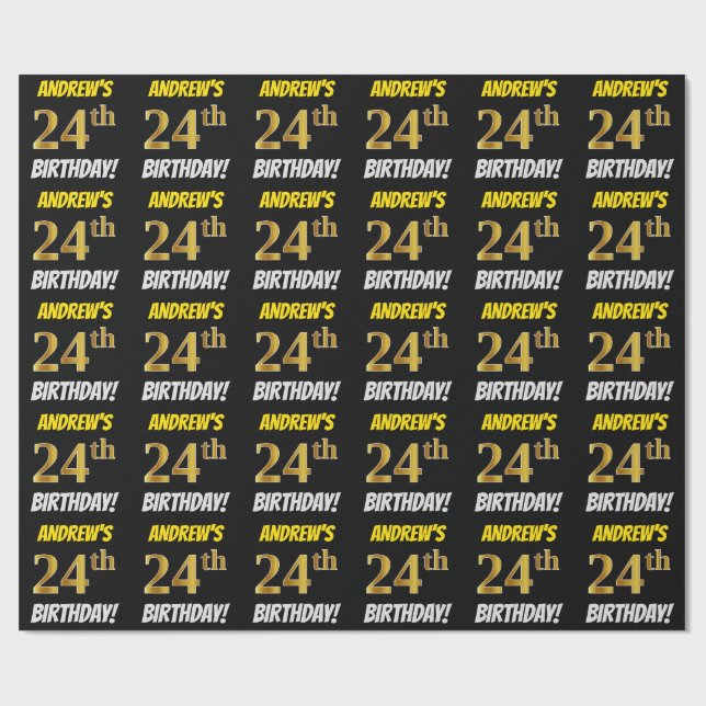 Papel De Regalo Negro, Faux/Imitation Gold, "24th BIRTHDAY" (Superficie plana)
