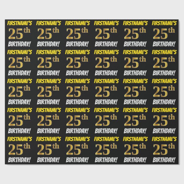 Papel De Regalo Negro, Faux/Imitation Gold, "25th BIRTHDAY" (Superficie plana)