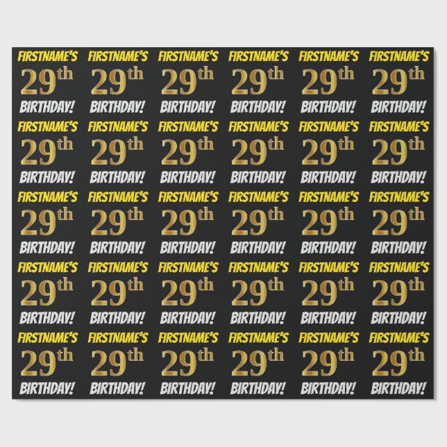 Papel De Regalo Negro, Faux/Imitation Gold, "29th BIRTHDAY" (Superficie plana)
