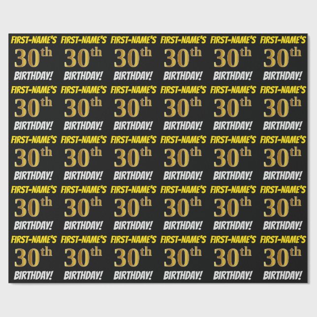 Papel De Regalo Negro, Faux/Imitation Gold, "30th BIRTHDAY" (Superficie plana)