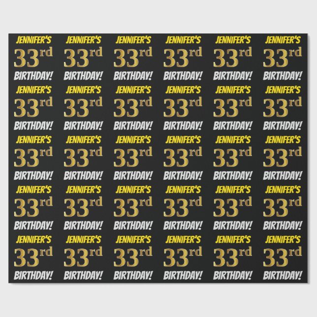 Papel De Regalo Negro, Faux/Imitation Gold, "33rd BIRTHDAY" (Superficie plana)