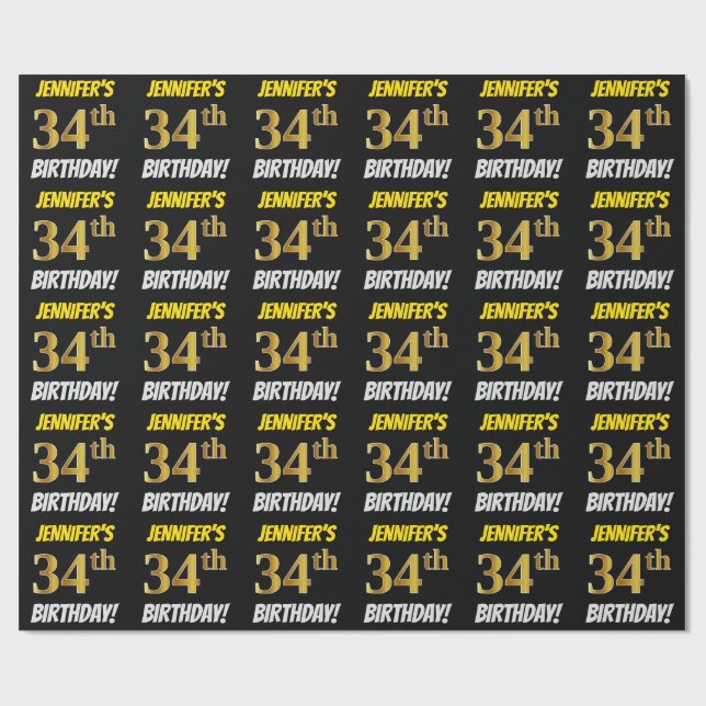 Papel De Regalo Negro, Faux/Imitation Gold, "34th BIRTHDAY" (Superficie plana)