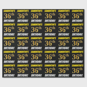 Papel De Regalo Negro, Faux/Imitation Gold, "36th BIRTHDAY"