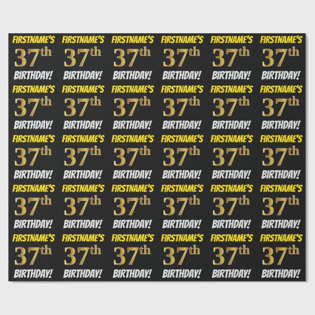 Papel De Regalo Negro, Faux/Imitation Gold, "37th BIRTHDAY" (Superficie plana)