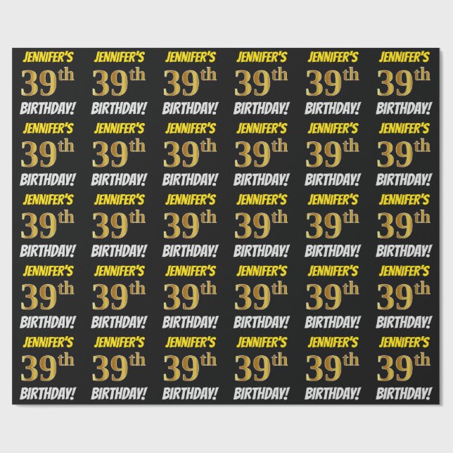 Papel De Regalo Negro, Faux/Imitation Gold, "39th BIRTHDAY" (Superficie plana)