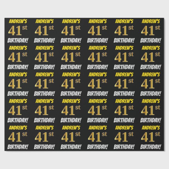 Papel De Regalo Negro, Faux/Imitation Gold, "41st BIRTHDAY" (Superficie plana)
