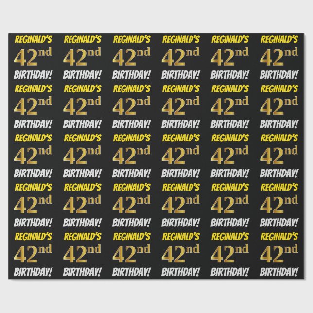 Papel De Regalo Negro, Faux/Imitation Gold, "42nd BIRTHDAY" (Superficie plana)
