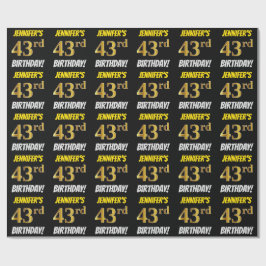 Papel De Regalo Negro, Faux/Imitation Gold, "43rd BIRTHDAY"
