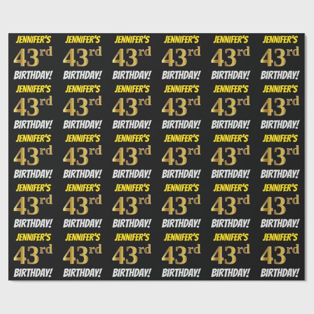 Papel De Regalo Negro, Faux/Imitation Gold, "43rd BIRTHDAY" (Superficie plana)