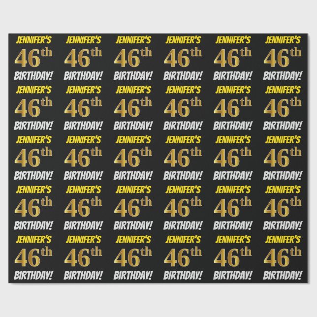 Papel De Regalo Negro, Faux/Imitation Gold, "46th BIRTHDAY" (Superficie plana)