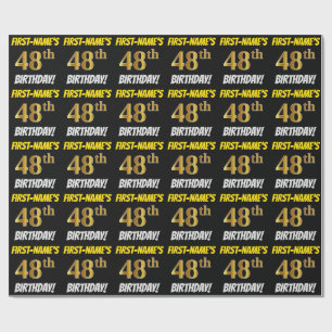 Papel De Regalo Negro, Faux/Imitation Gold, "48th BIRTHDAY"
