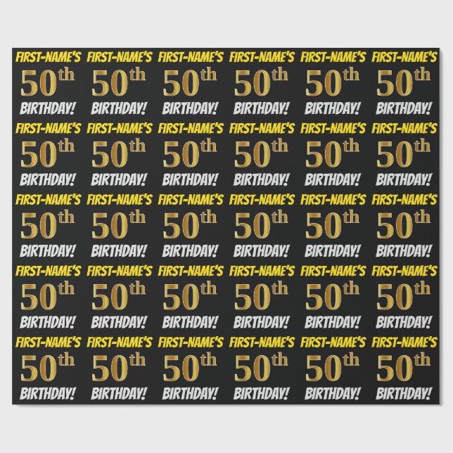 Papel De Regalo Negro, Faux/Imitation Gold, "50th BIRTHDAY" (Superficie plana)