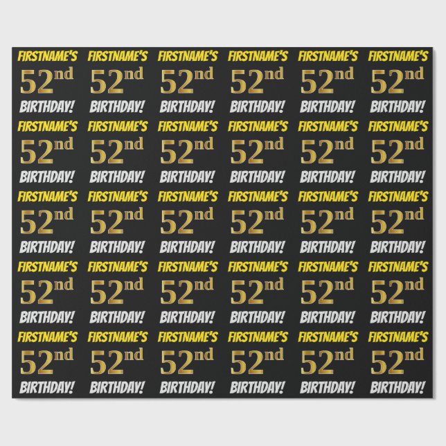 Papel De Regalo Negro, Faux/Imitation Gold, "52nd BIRTHDAY" (Superficie plana)