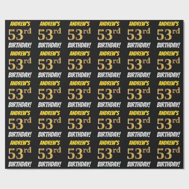 Papel De Regalo Negro, Faux/Imitation Gold, "53rd BIRTHDAY" (Superficie plana)