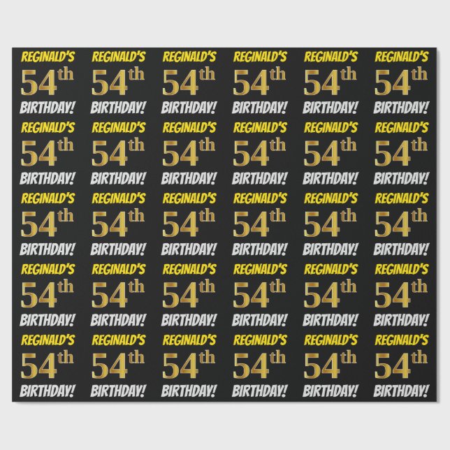 Papel De Regalo Negro, Faux/Imitation Gold, "54th BIRTHDAY" (Superficie plana)