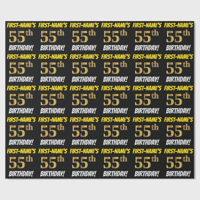 Papel De Regalo Negro, Faux/Imitation Gold, "55th BIRTHDAY" (Superficie plana)