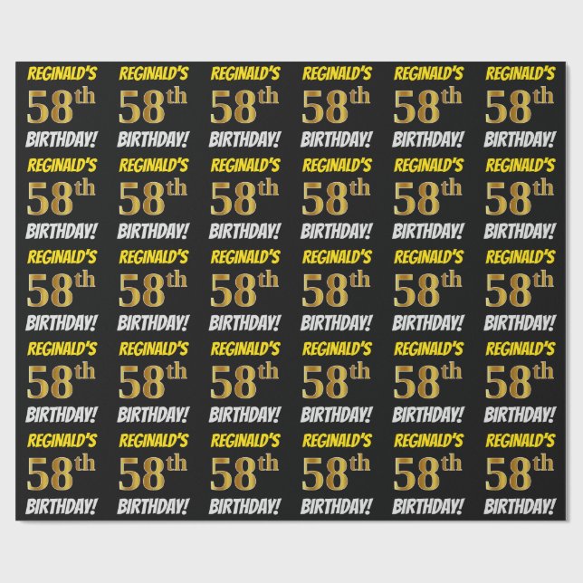 Papel De Regalo Negro, Faux/Imitation Gold, "58th BIRTHDAY" (Superficie plana)