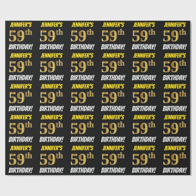 Papel De Regalo Negro, Faux/Imitation Gold, "59th BIRTHDAY" (Superficie plana)