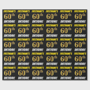 Papel De Regalo Negro, Faux/Imitation Gold, "60th BIRTHDAY"