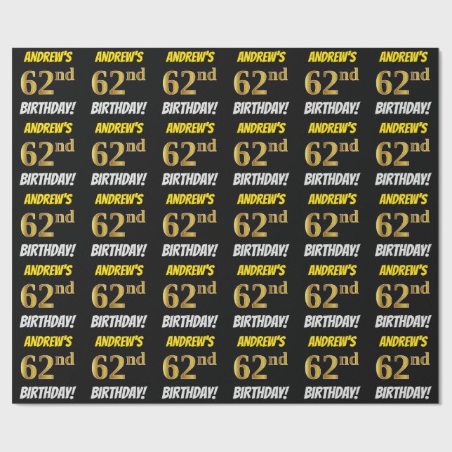 Papel De Regalo Negro, Faux/Imitation Gold, "62nd BIRTHDAY" (Superficie plana)