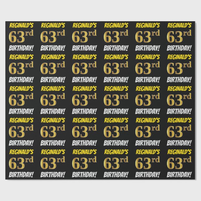 Papel De Regalo Negro, Faux/Imitation Gold, "63rd BIRTHDAY" (Superficie plana)