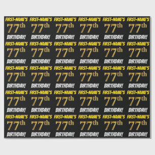 Papel De Regalo Negro, Faux/Imitation Gold, "77th BIRTHDAY"
