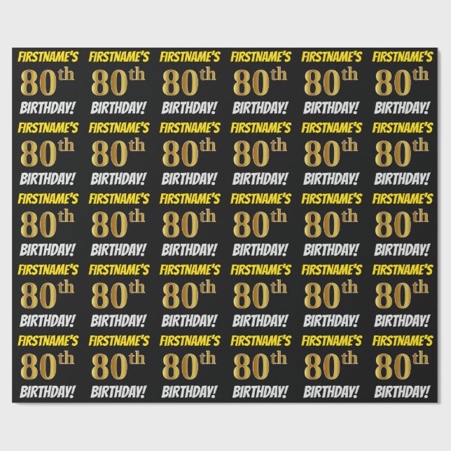 Papel De Regalo Negro, Faux/Imitation Gold, "80th BIRTHDAY" (Superficie plana)