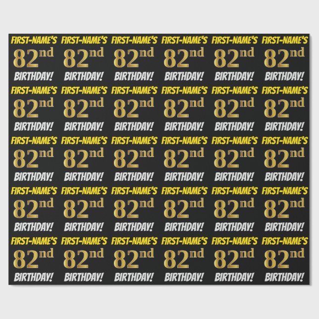Papel De Regalo Negro, Faux/Imitation Gold, "82nd BIRTHDAY" (Superficie plana)