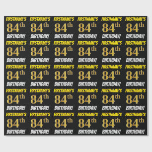 Papel De Regalo Negro, Faux/Imitation Gold, "84th BIRTHDAY"