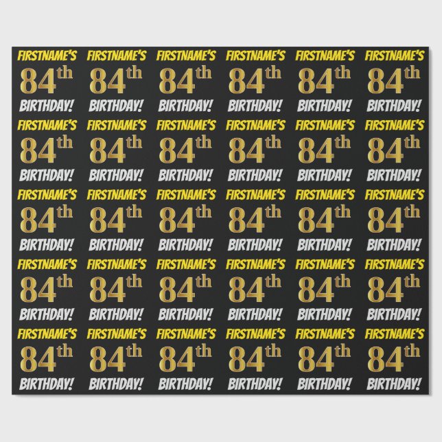Papel De Regalo Negro, Faux/Imitation Gold, "84th BIRTHDAY" (Superficie plana)