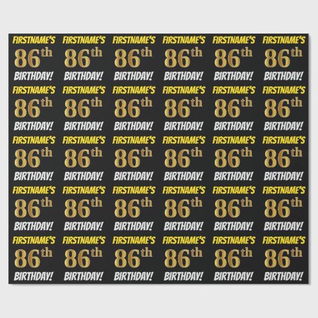Papel De Regalo Negro, Faux/Imitation Gold, "86th BIRTHDAY" (Superficie plana)