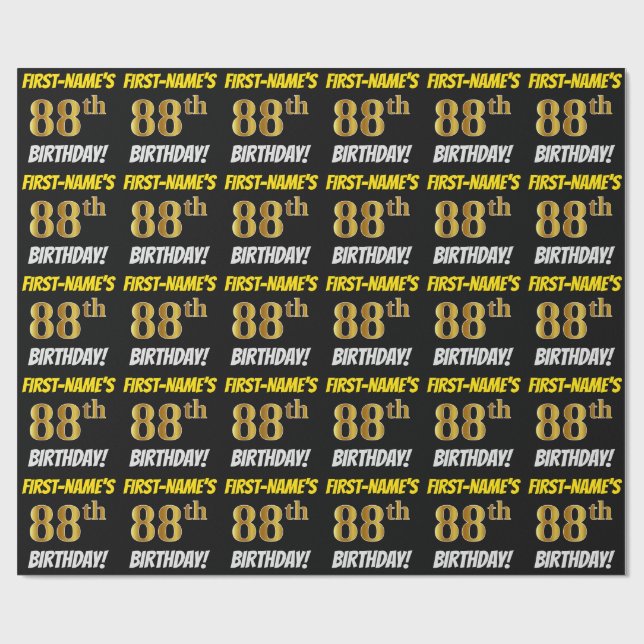 Papel De Regalo Negro, Faux/Imitation Gold, "88th BIRTHDAY" (Superficie plana)