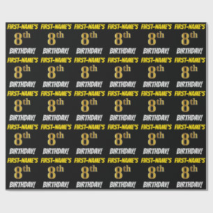 Papel De Regalo Negro, Faux/Imitation Gold, "8vo cumpleaños"