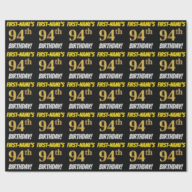 Papel De Regalo Negro, Faux/Imitation Gold, "94th BIRTHDAY" (Superficie plana)