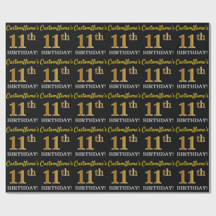 Papel De Regalo Negro, imitación de oro "11 cumpleaños"