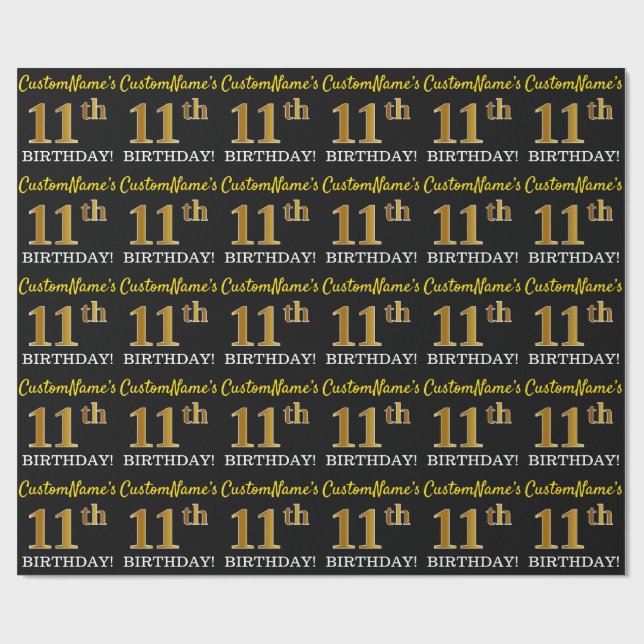 Papel De Regalo Negro, imitación de oro "11 cumpleaños" (Superficie plana)