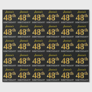 Papel De Regalo Negro, Imitación de Oro "48º CUMPLEAÑOS"