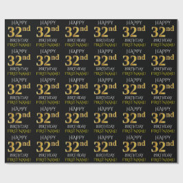 Papel De Regalo Negro, oro falso "FELIZ 32 cumpleaños"