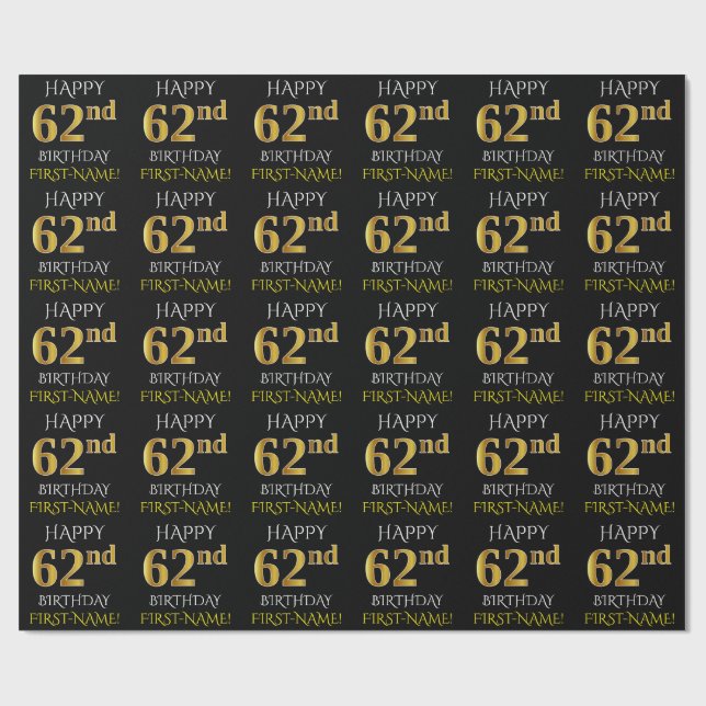 Papel De Regalo Negro, oro falso "FELIZ 62 cumpleaños" (Superficie plana)