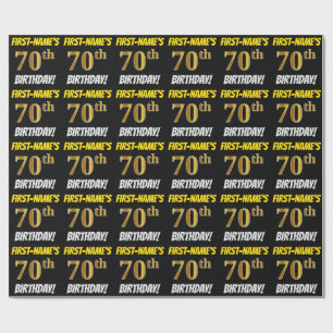 Papel De Regalo Negro, Oro Falso/Imitación, "70º CUMPLEAÑOS"