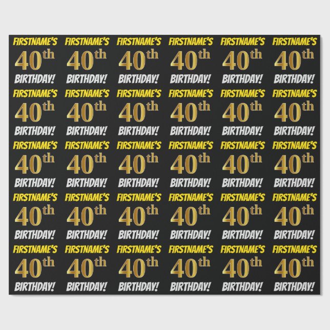 Papel De Regalo Negro, Oro Falso/Imitación, "CUMPLEAÑOS 40" (Superficie plana)