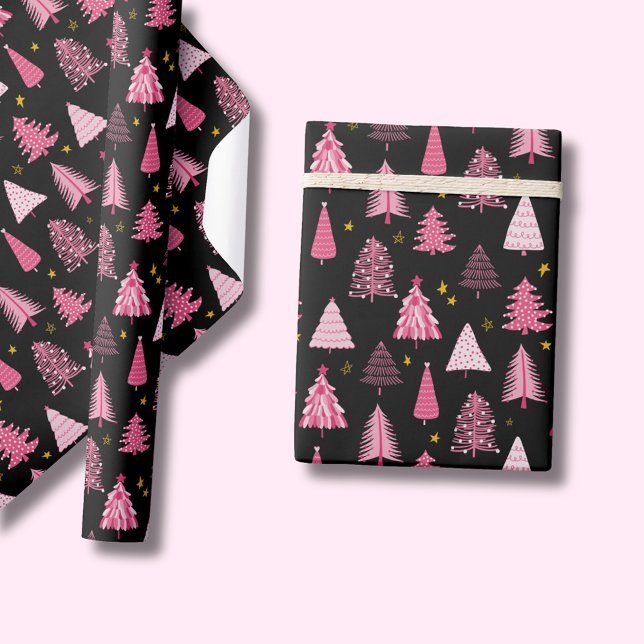 Papel De Regalo Negro rosado de árbol de Navidad (Pink Christmas tree on black, wrapping paper rolls. Other colors & matching products available.)