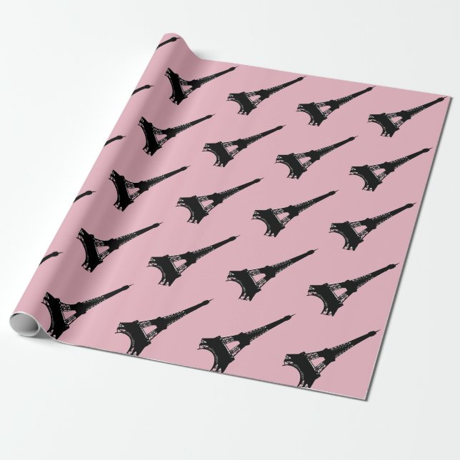 Papel De Regalo Negro rosado parisiense de la torre Eiffel (Desenrollado)
