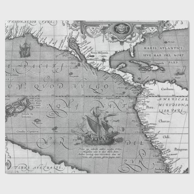 Papel de regalo negro y blanco de mapas antiguos (Superficie plana)